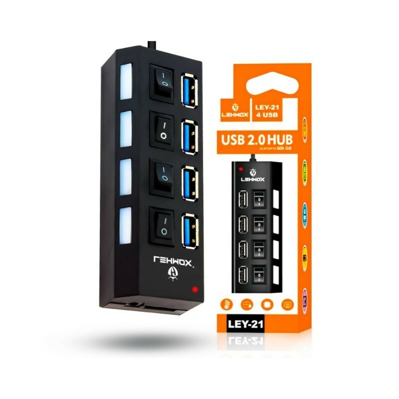 HUB Lehmox USB 2.0 com 4 Portas e Chave Ley-21  Preto